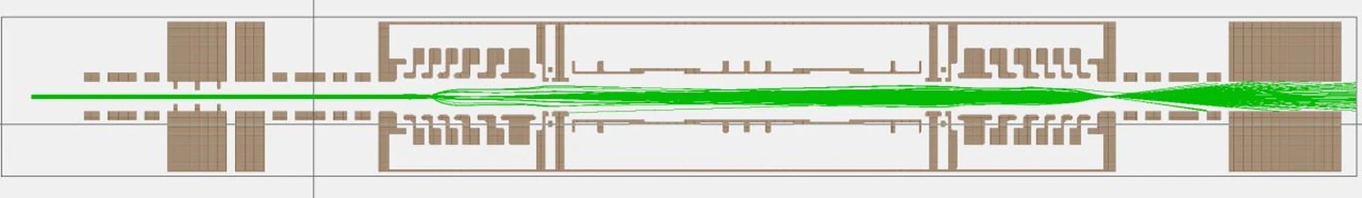 SIMION ion-optics simulation of ion trajectories through a multi-reflection time-of-flight (MR-TOF) mass spectrometer.